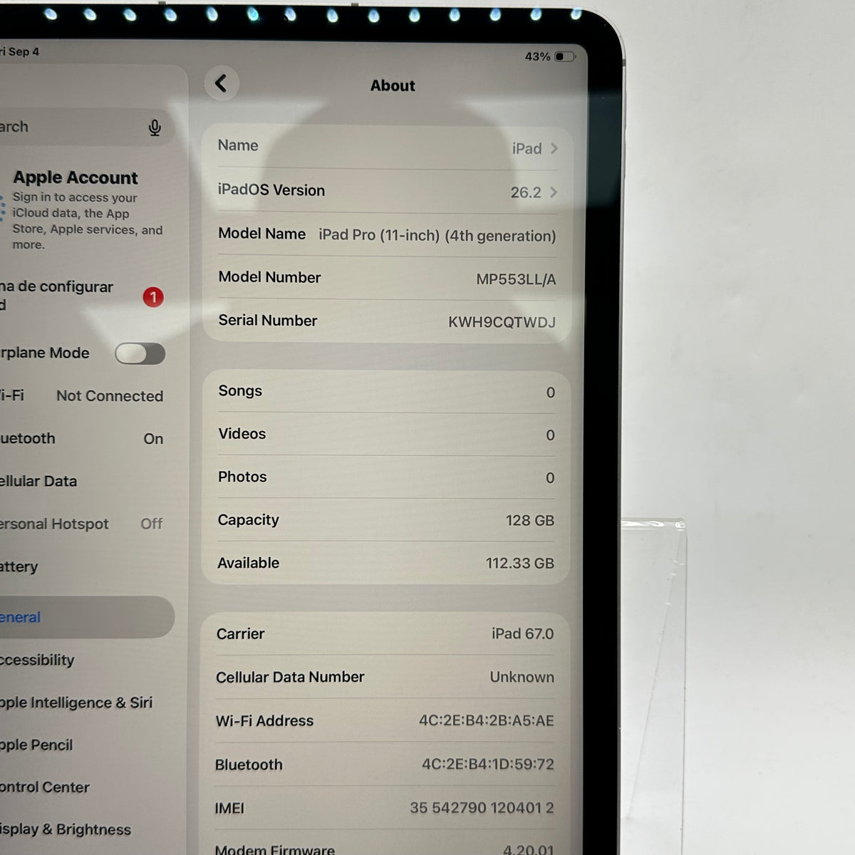 Factory Unlocked Apple iPad Pro 11" 4th Gen 128GB Space Gray MP553LL/A
