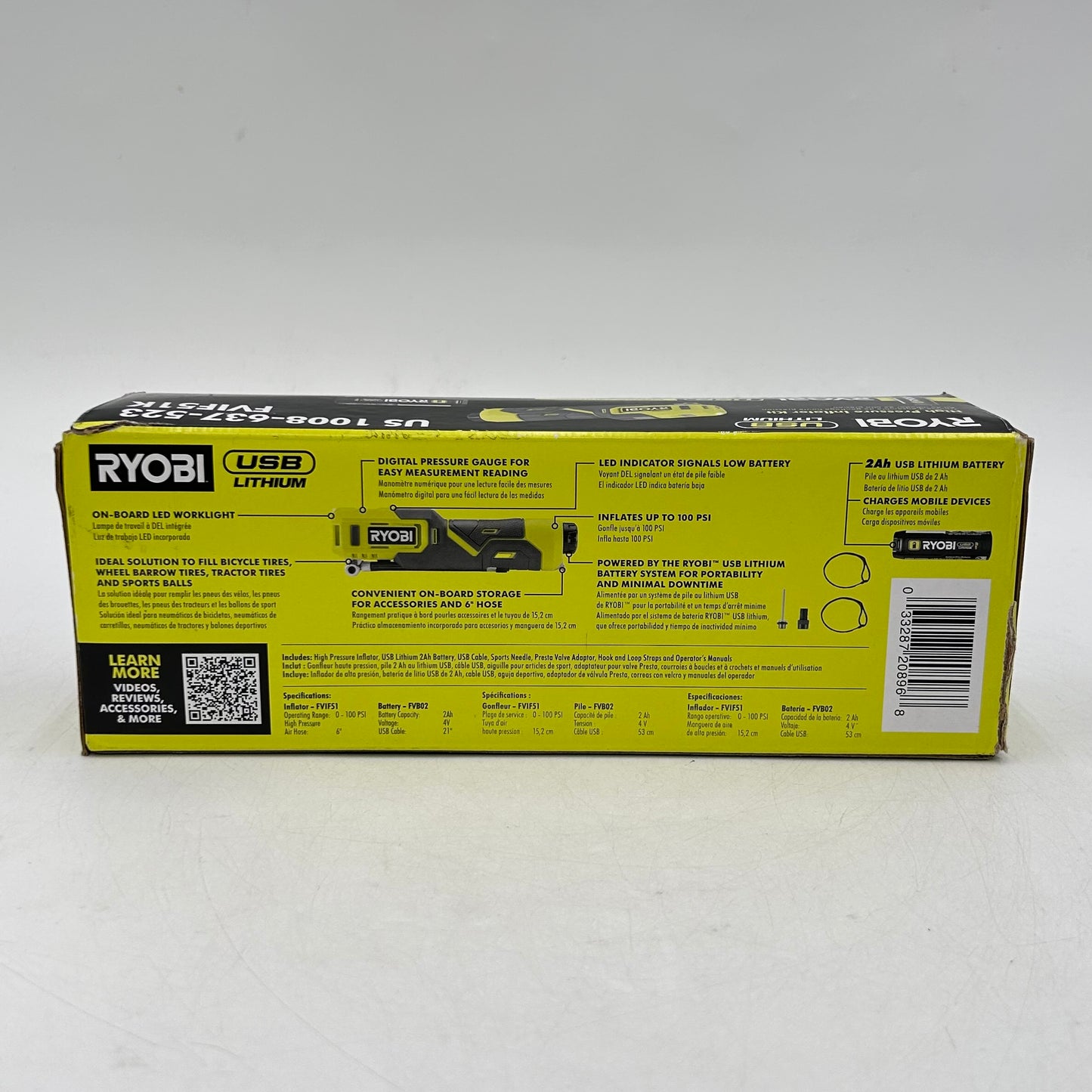 New Ryobi FVIF51K 4V High Pressure Inflator Kit