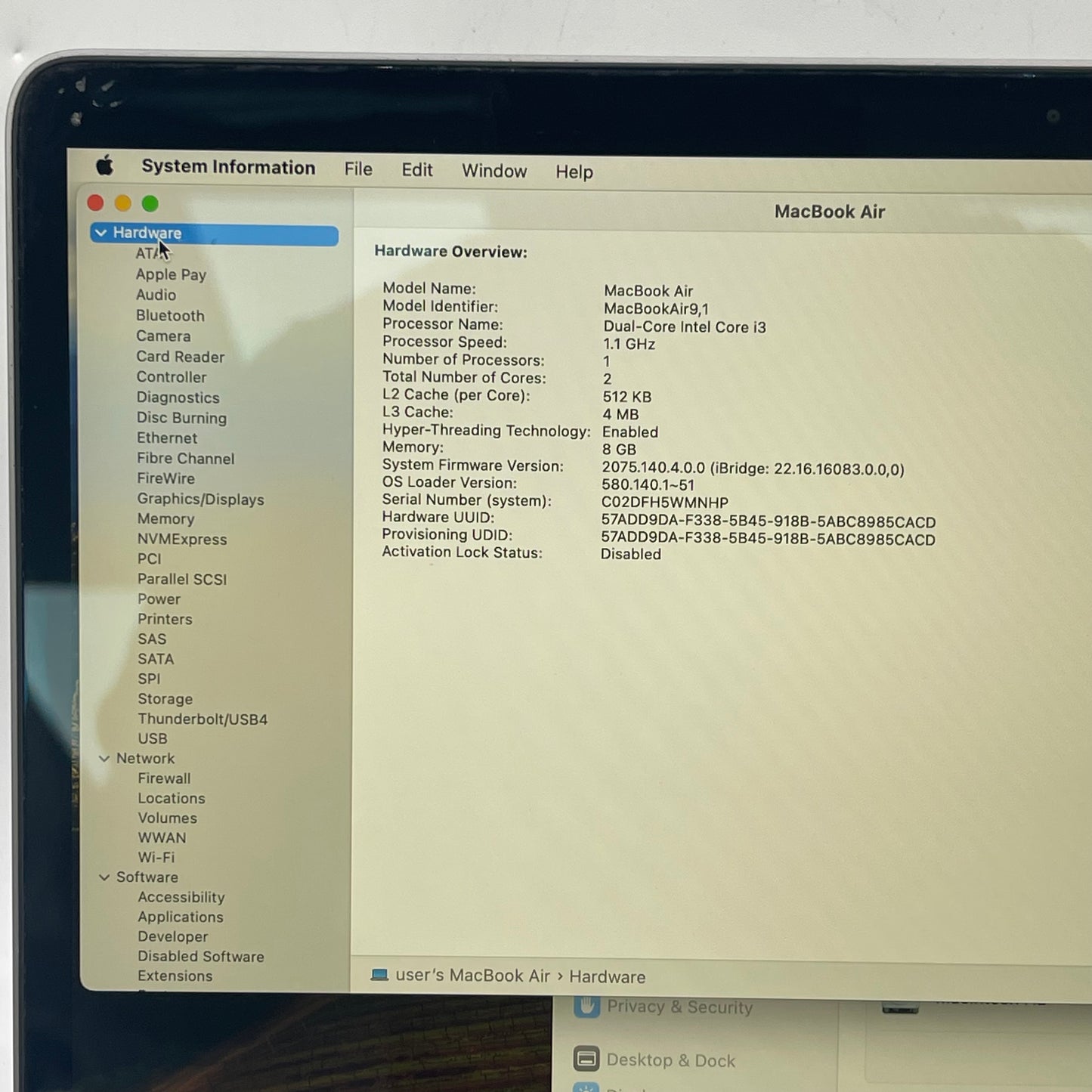 2020 Apple MacBook Air 13.3" i3 1.1GHz 8GB RAM 256GB SSD Space Gray A2179