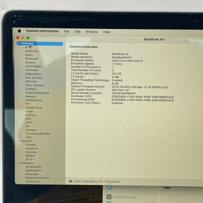 2020 Apple MacBook Air 13.3" i3 1.1GHz 8GB RAM 256GB SSD Space Gray A2179