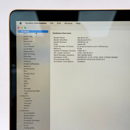 2020 Apple MacBook Air 13.3" M1 7C GPU 3.2GHz 8GB RAM 256GB SSD A2337