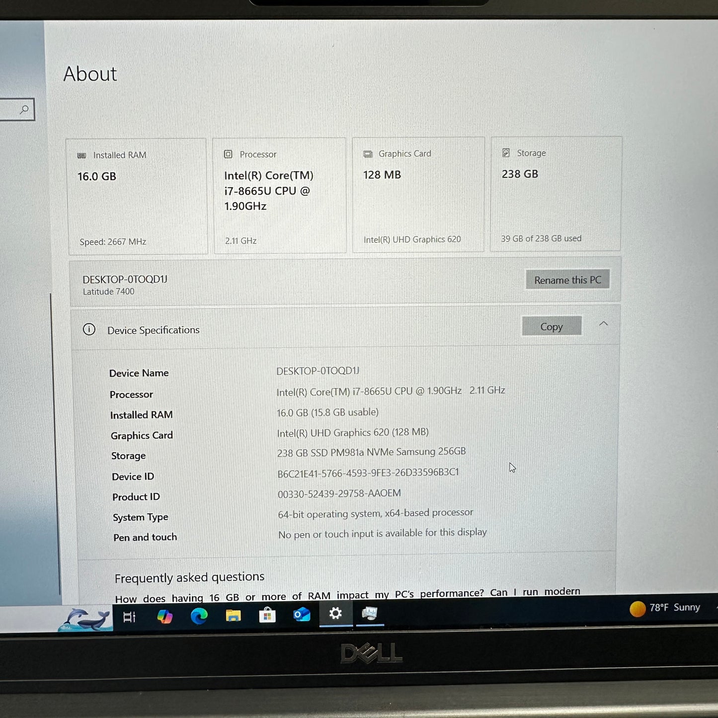 Dell Latitude 7400 P100G 14" i7-8665U 1.9GHz 16GB RAM 256GB SSD READ