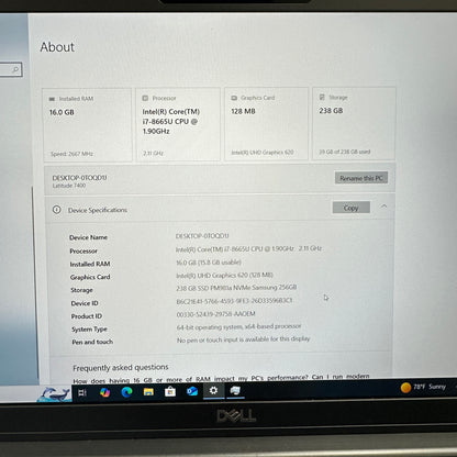 Dell Latitude 7400 P100G 14" i7-8665U 1.9GHz 16GB RAM 256GB SSD READ