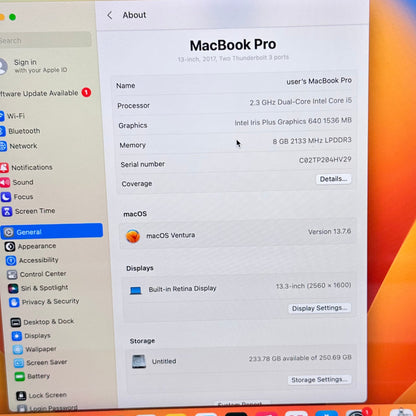2017 Apple MacBook Pro 13.3" i5-7360U 2.3GHz 8GB RAM 256GB SSD  A1708 READ