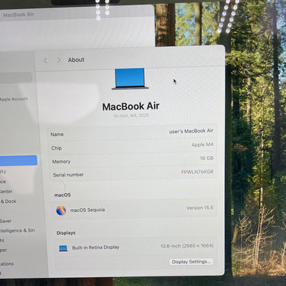 2025 Apple MacBook Air 13.6" M4 8C GPU 4.5GHz 16GB RAM 256GB SSD A3240