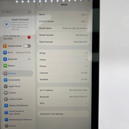 WiFi Only Apple iPad Mini 6th Gen 64GB Space Gray MK7M3LL/A