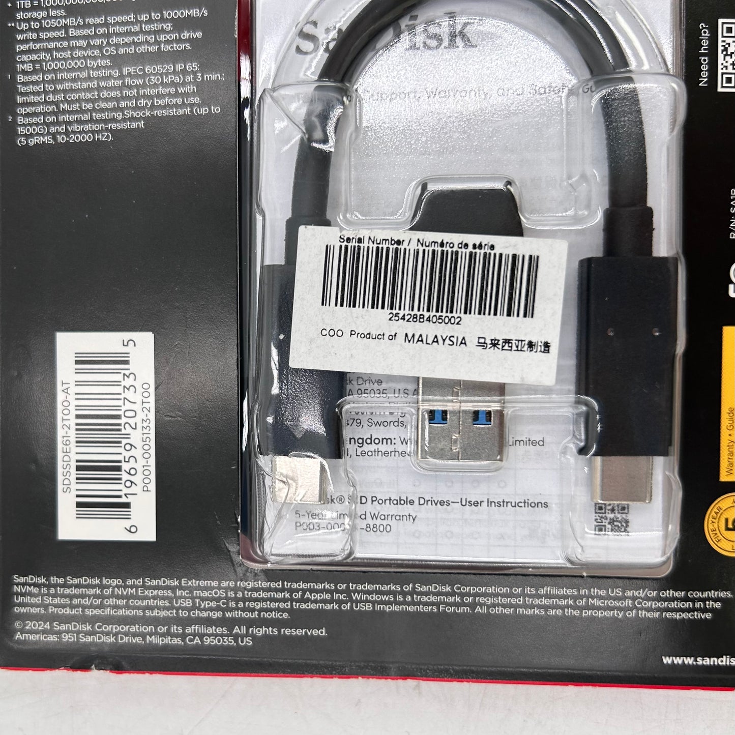 New SanDisk Portable Extreme Portable SSD 2TB USB-C to USB-C SSD SDSSDE61-2T00