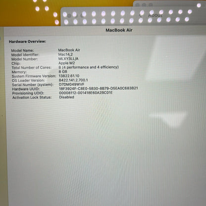 Broken 2022 Apple MacBook Air M2 8C GPU 3.5GHz 8GB 256GB A2681 Remotely Managed