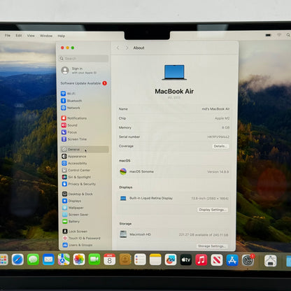 2022 Apple MacBook Air 13.6" M2 8C GPU 3.5GHz 8GB RAM 256GB SSD A2681