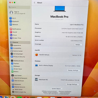 2017 Apple MacBook Pro 15" i7-7700HQ 2.8GHz 16GB RAM 256GB SSD Space Gray READ