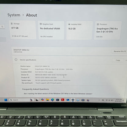 Lenovo X13s Gen 1 21BY 13.3" Snapdragon 8cx 2.8GHz 16GB RAM 512GB SSD