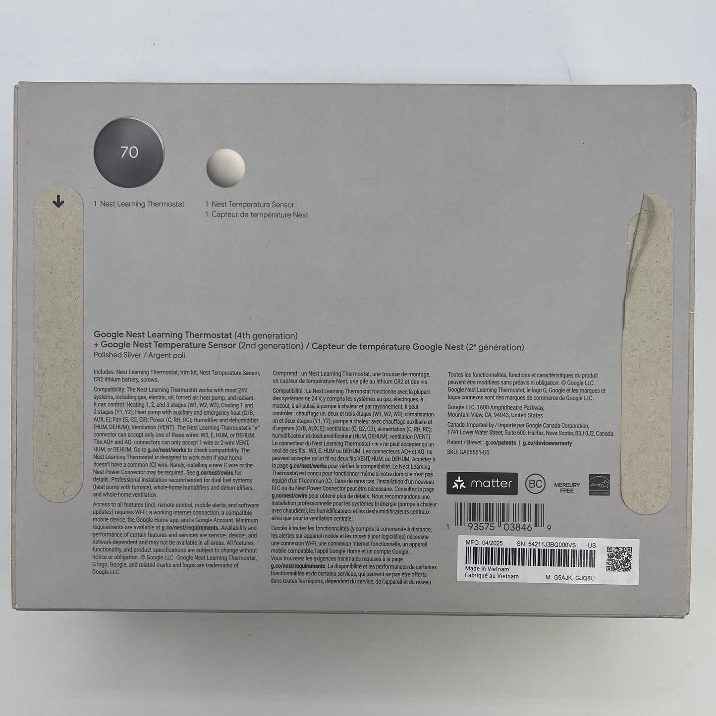 New Google Next Learning Thermostat 4th Gen + Temperature Sensor 2nd Gen