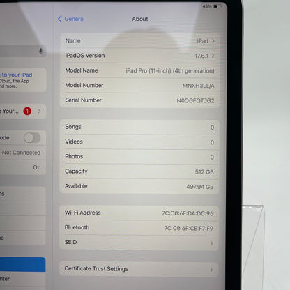 WiFi Only Apple iPad Pro 11" 4th Gen 512GB Silver MNXH3LL/A