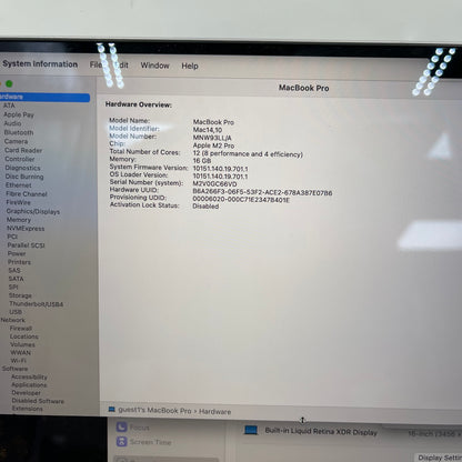 2023 Apple MacBook Pro 16" M2 Pro 19C GPU 3.5GHz 16GB RAM 1TB SSD A2780