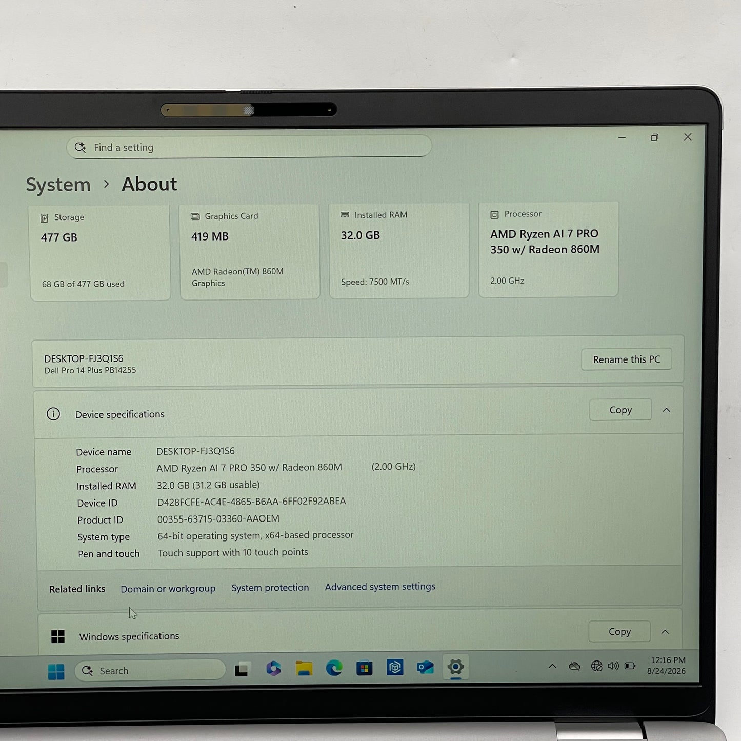 Dell Pro 14 Plus 14" Ryzen AI 7 Pro 350 2.0GHz 32GB RAM 512GB SSD GeForce 860M