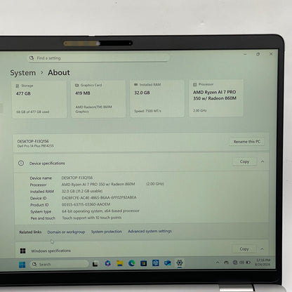 Dell Pro 14 Plus 14" Ryzen AI 7 Pro 350 2.0GHz 32GB RAM 512GB SSD GeForce 860M