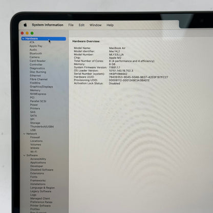 2022 Apple MacBook Air 13.6" M2 8C GPU 3.5GHz 8GB RAM 256GB SSD A2681