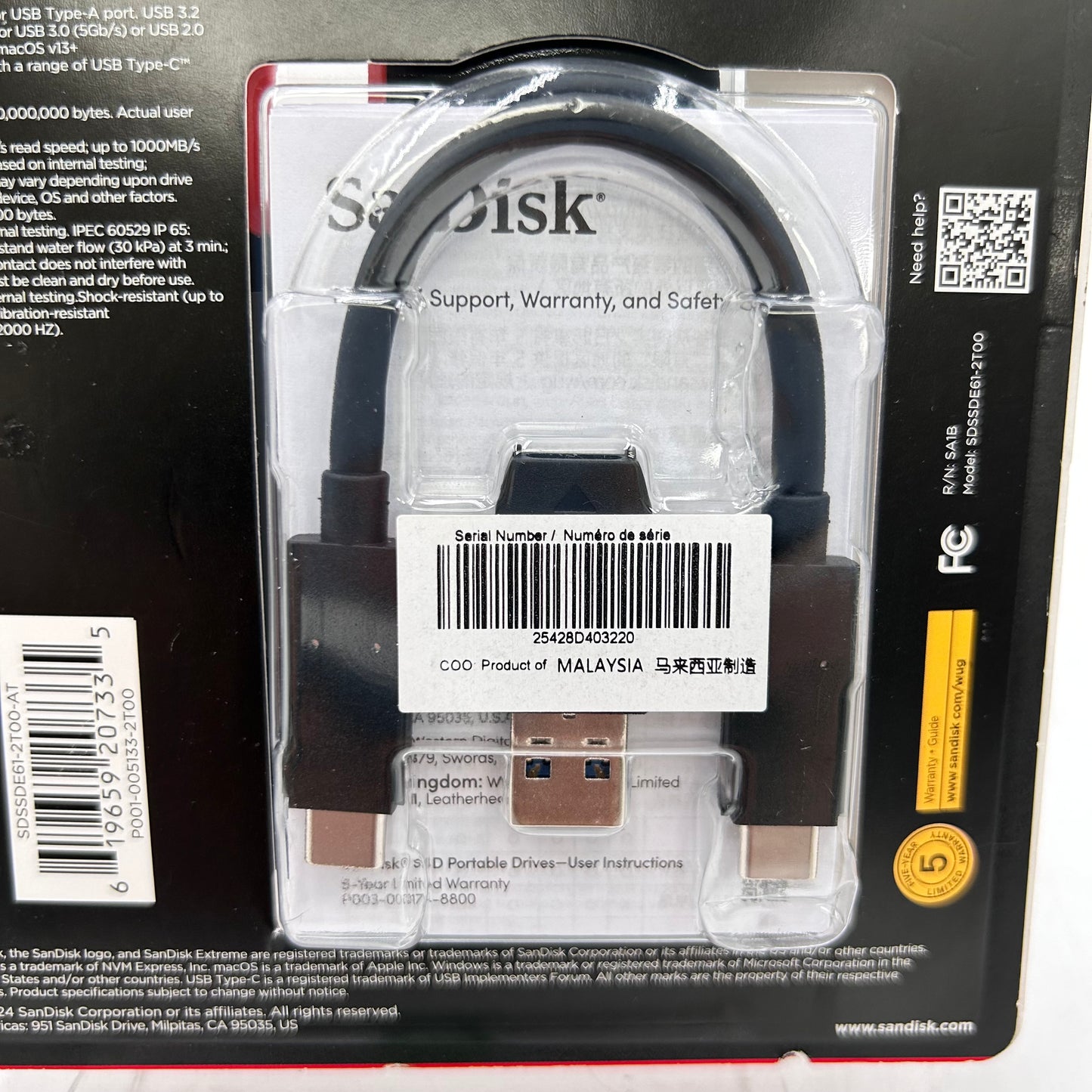 New SanDisk Portable Extreme Portable SSD 2TB USB-C to USB-C SSD SDSSDE61-2T00