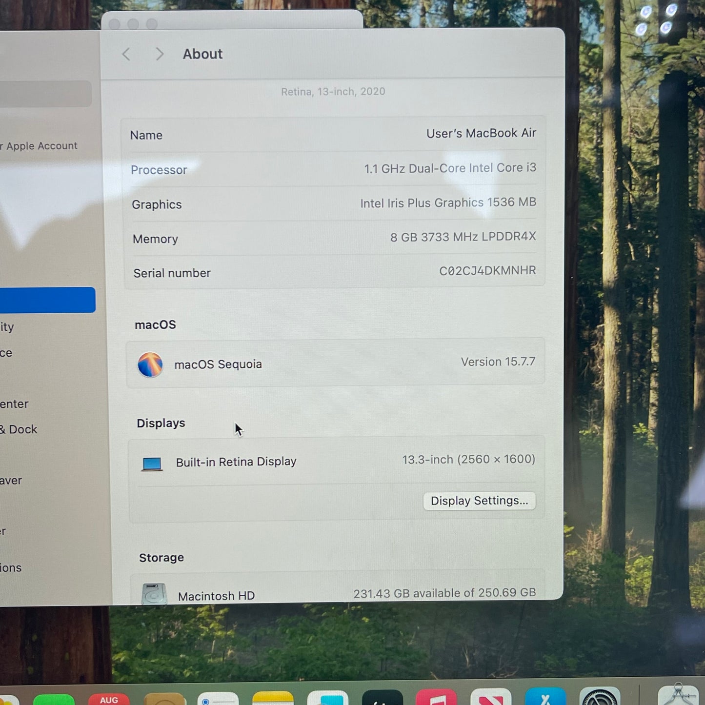 2020 Apple MacBook Air 13.3" i3 1.1GHz 8GB RAM 256GB SSD Gold A2179
