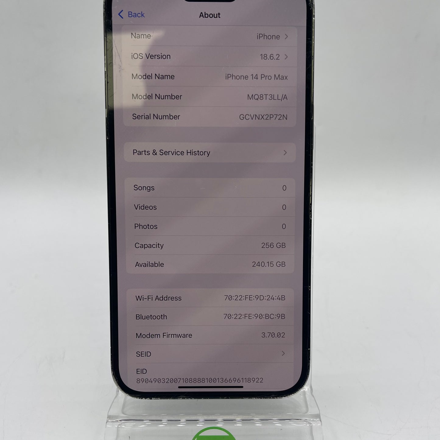 Broken Unlocked Apple iPhone 14 Pro Max 256GB 18.6.2 MQ8T3LL/A Read