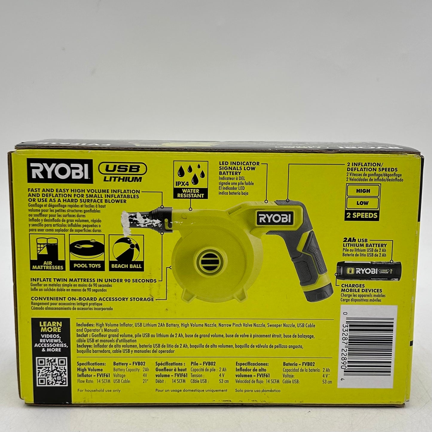 New Ryobi FVIF61K 4V High Volume Inflator