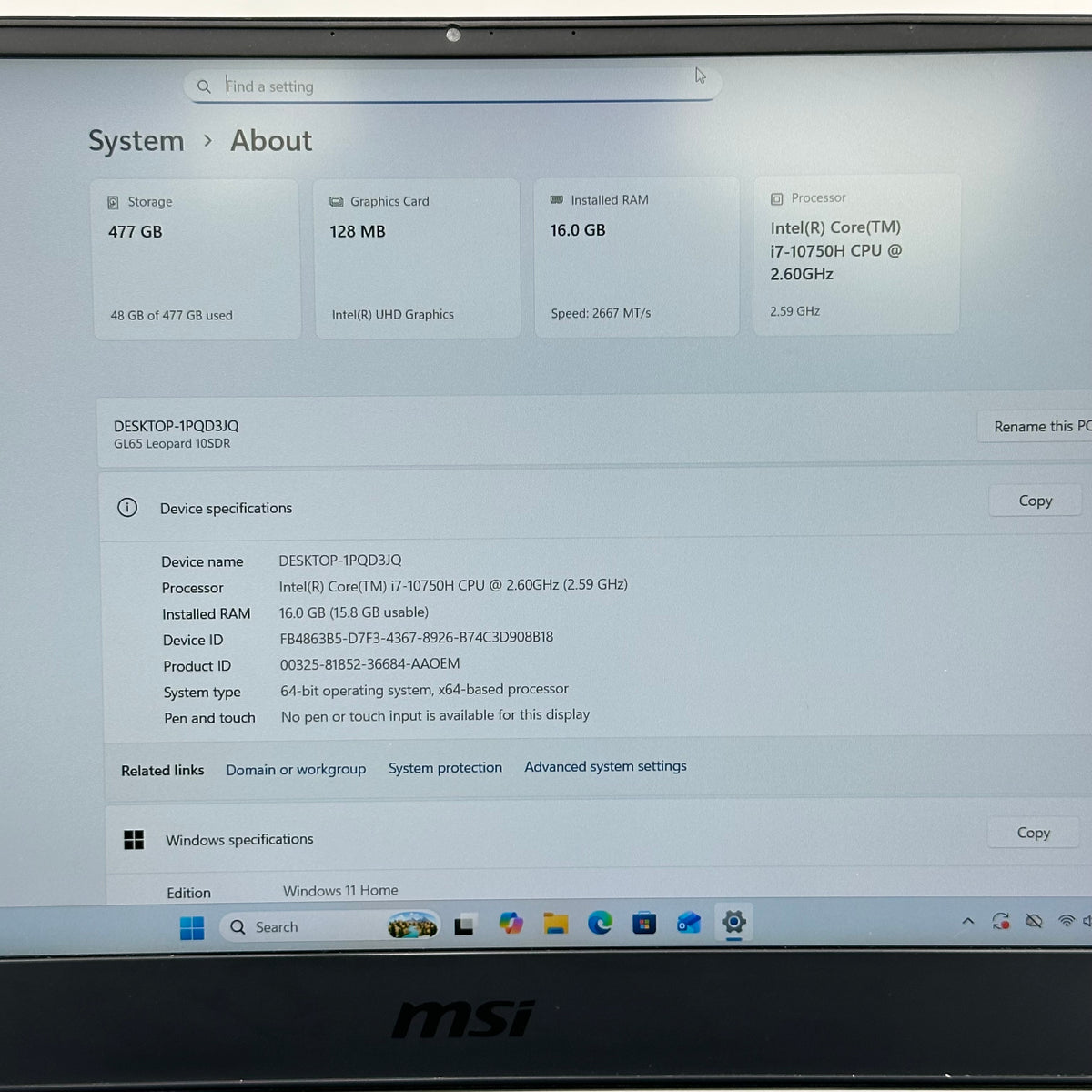 MSI Leopard GL65 MS-16U7 15.6" i7 10750H 2.6GHz 16GB RAM 512GB SSD