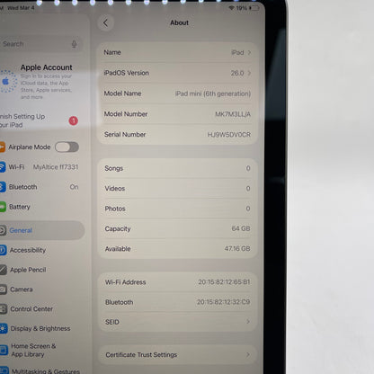 WiFi Only Apple iPad Mini 6th Gen 64GB Space Gray MK7M3LL/A