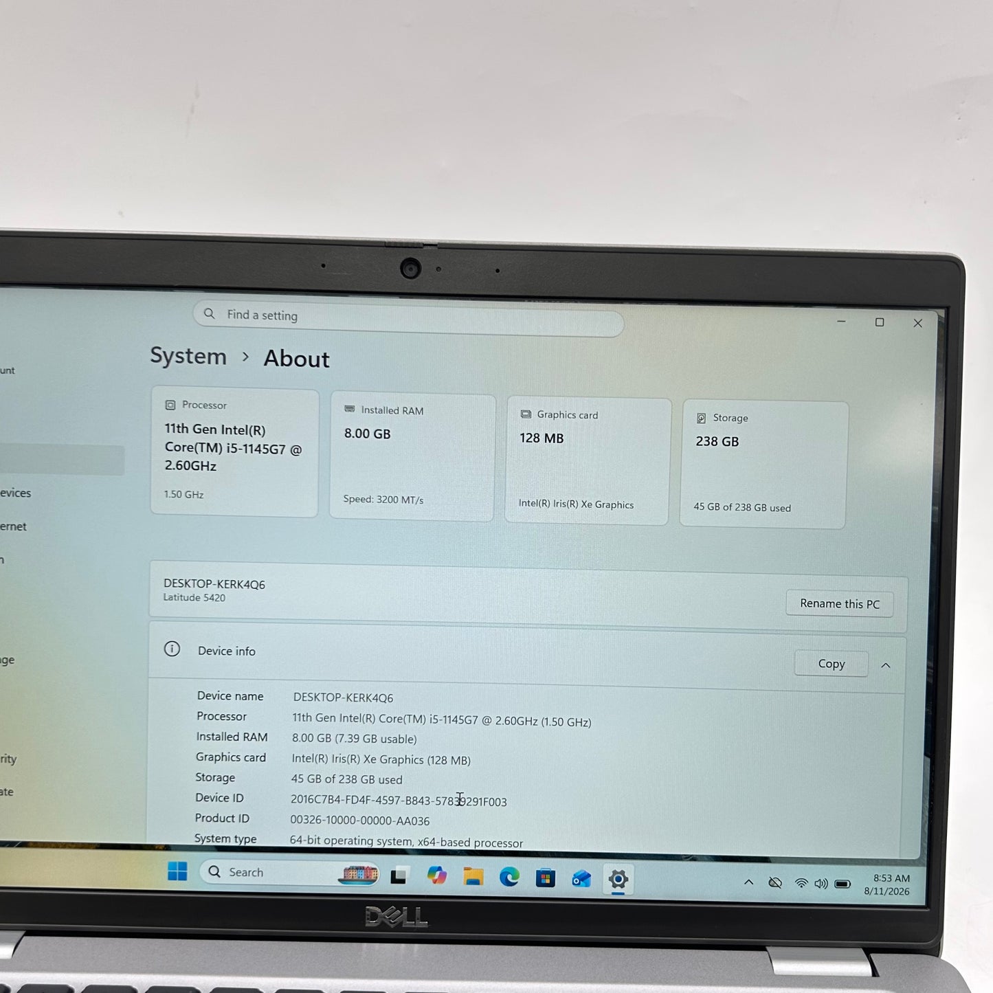 Dell Latitude 5420 14" i5-1145G7 2.6GHz 8GB RAM 256GB SSD