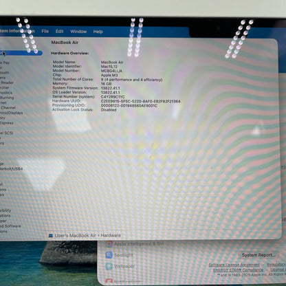2024 Apple MacBook Air 13.6" M3 8C GPU 4.0GHz 16GB RAM 256GB A3113 W Apple Care+