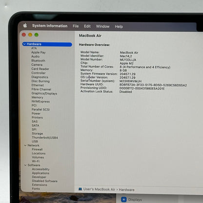 2022 Apple MacBook Air 13.6" M2 8C GPU 3.5GHz 8GB RAM 256GB SSD A2681