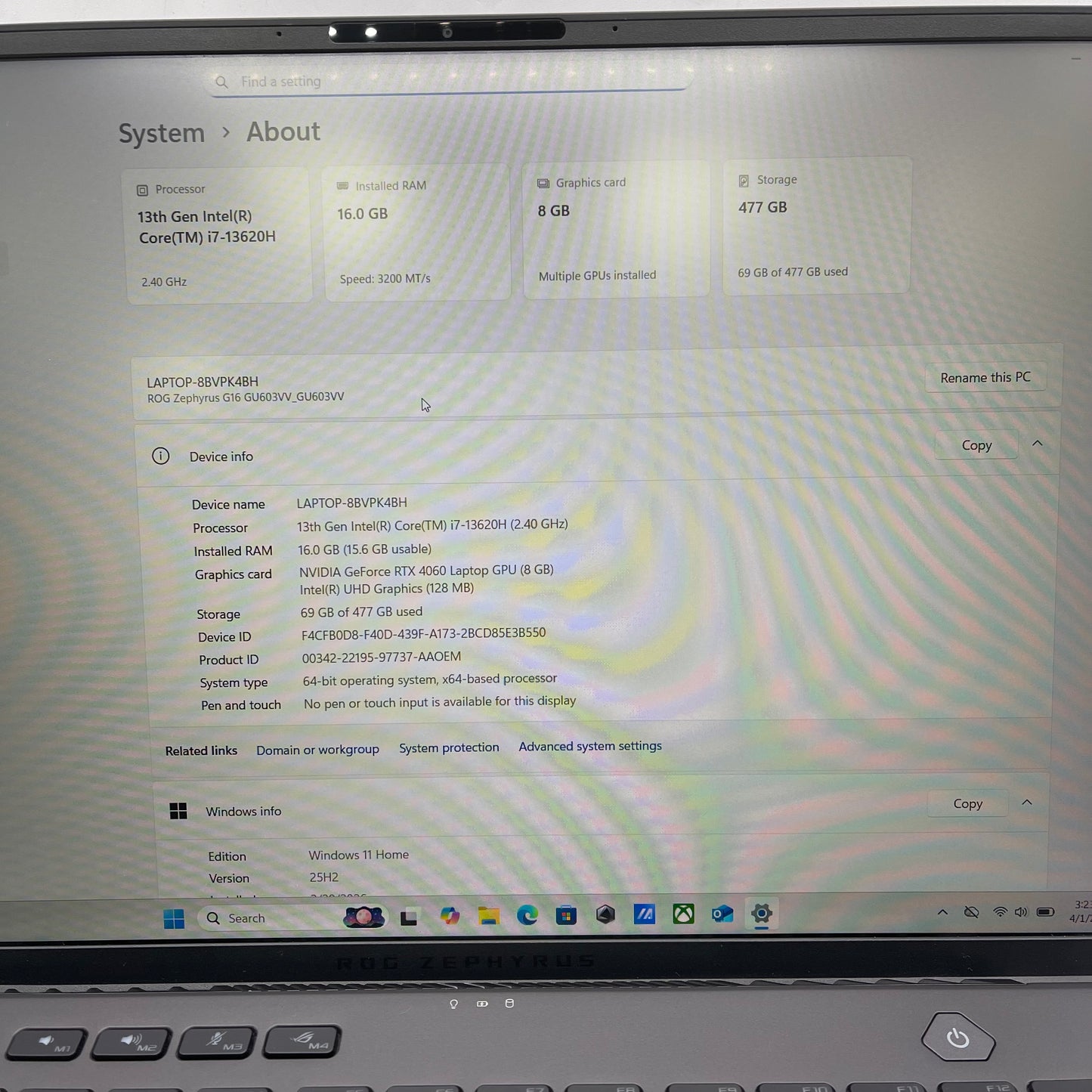 Asus ROG Zephyrus G16 GU603 16" i7-13620H 2.4GHz 16GB RAM 512GB GeForce RTX 4060