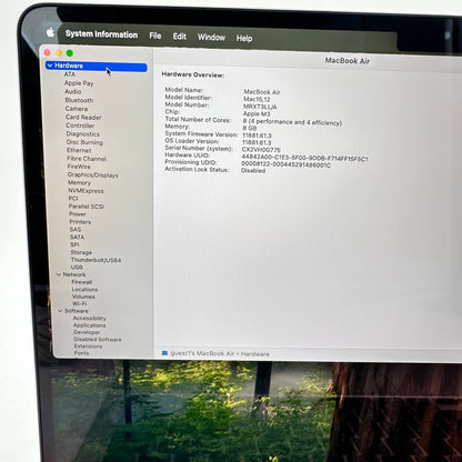 2024 Apple MacBook Air 13.6" M3 8C GPU 4.0GHz 8GB RAM 256GB SSD MRXT3LL/A