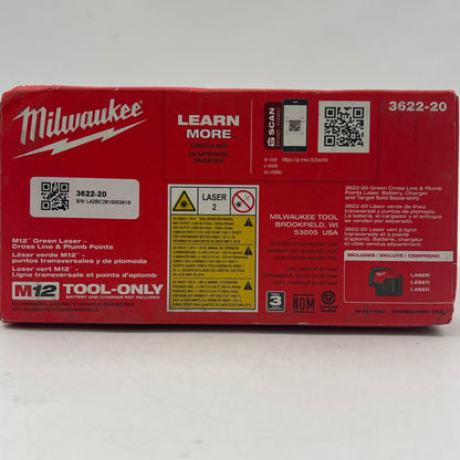 New Milwaukee 3622-20 M12 12V Green Laser Cross Line & Plumb Points