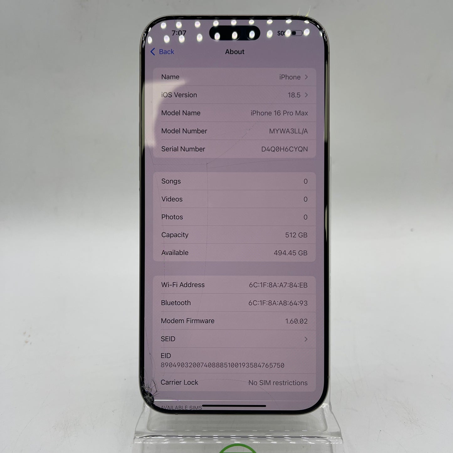 Broken Unlocked Apple iPhone 16 Pro Max 512GB Natural Titanium MYMA3LL/A