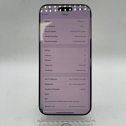 Broken Unlocked Apple iPhone 16 Pro Max 512GB Natural Titanium MYMA3LL/A