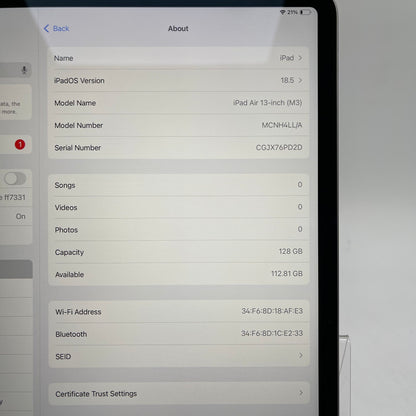 WiFi Only Apple iPad Air 13" M3 128GB Space Gray MCNH4LL/A