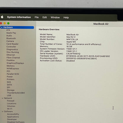 2025 Apple MacBook Air 13.6" M4 8C GPU 4.5GHz 16GB RAM 256GB SSD A3240