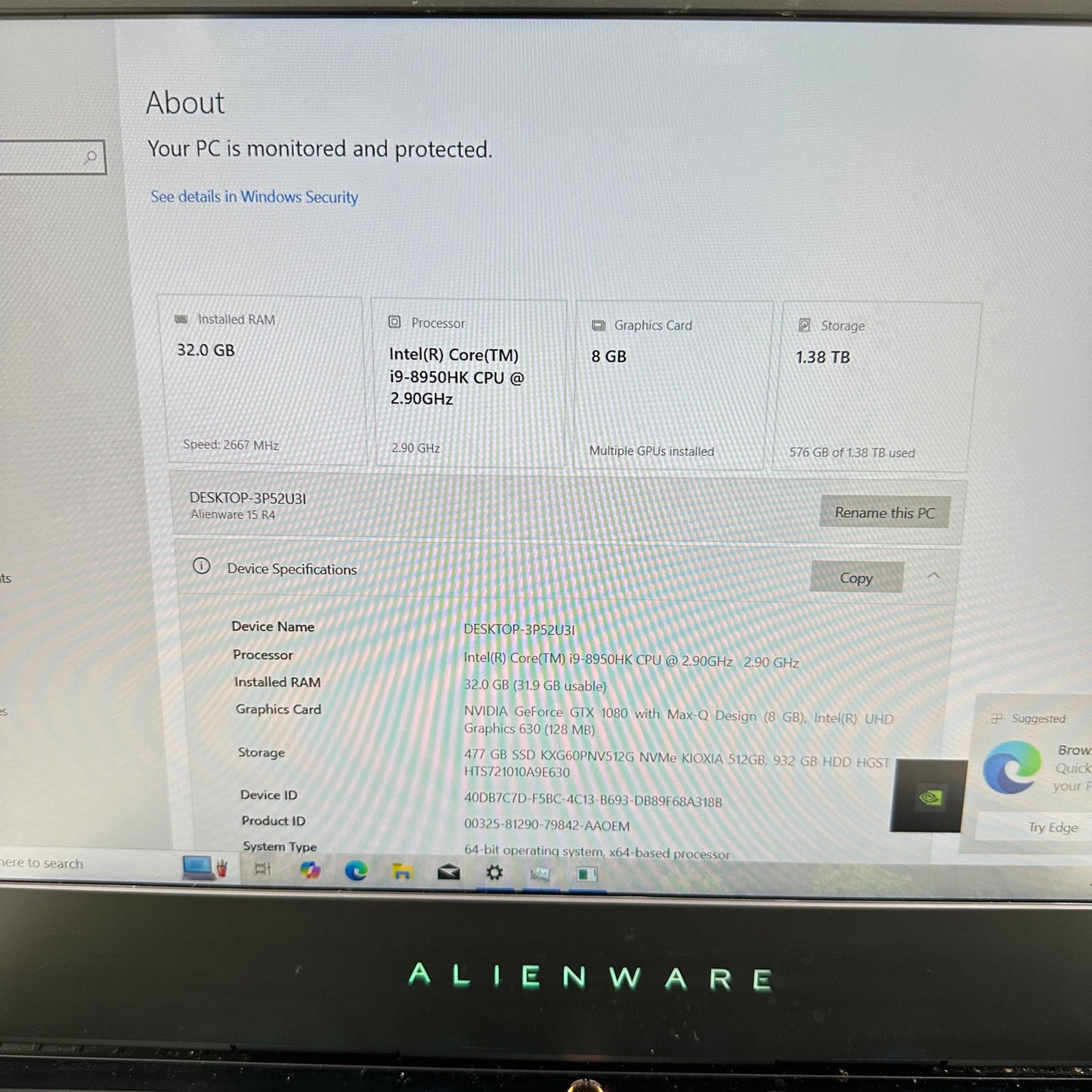 Alienware 15 R4 15.6" i9-8950HK 2.9GHz 32GB RAM 512GB SSD 1TB HDD GTX1080