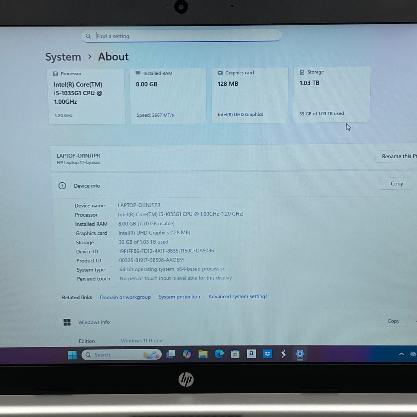 HP 17-by3065st 17.3" i5-1135G7 1.0GHz 8GB RAM 1TB HDD 120GB SSD