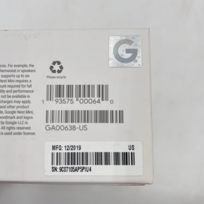 Google Nest Mini 2nd Gen Smart Speaker Chalk GA00638-US
