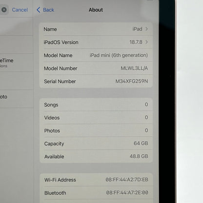 WiFi Only Apple iPad Mini 6th Gen 64GB Pink MLWL3LL/A