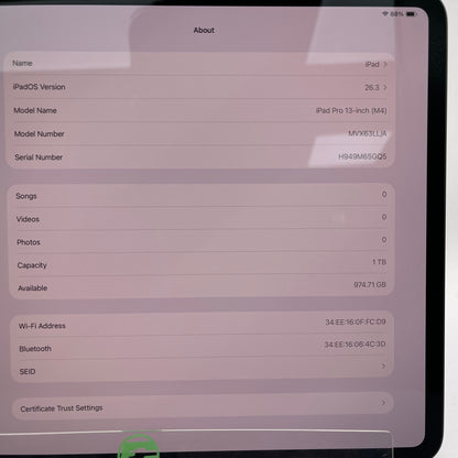 WiFi Only Apple iPad Pro 13" M4 1TB Space Black MVX63LL/A