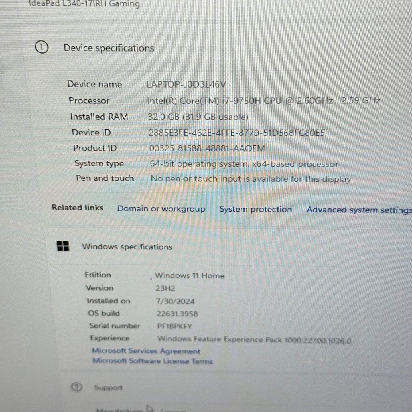 Lenovo Ideapad L340 15.6" i7-9750H  2.6GHz 32GB RAM 512GB SSD GeForce GTX 1650