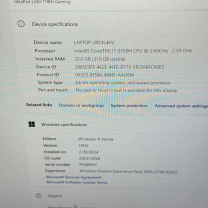 Lenovo Ideapad L340 15.6" i7-9750H  2.6GHz 32GB RAM 512GB SSD GeForce GTX 1650