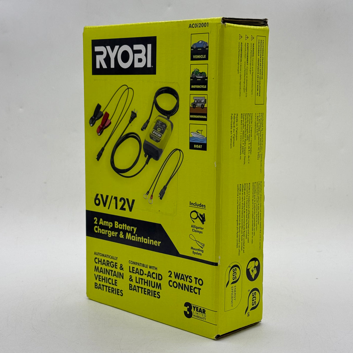 New Ryobi AC0i2001 6V/12V 2 Amp Battery Charger & Maintainer