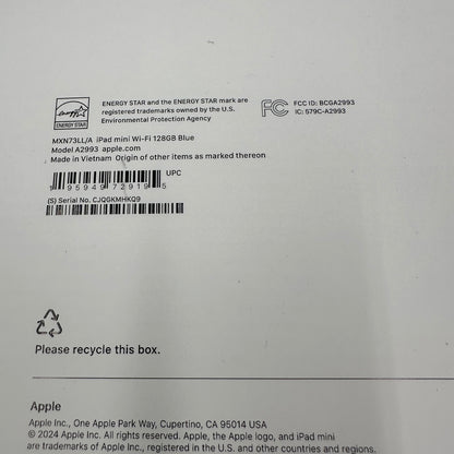New WiFi Only Apple iPad mini (A17 Pro) 128GB Blue MXN73LL/A