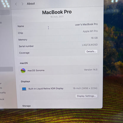 2021 Apple MacBook Pro 16" M1 Pro 16C GPU 3.2GHz 16GB RAM 512GB SSD A2485