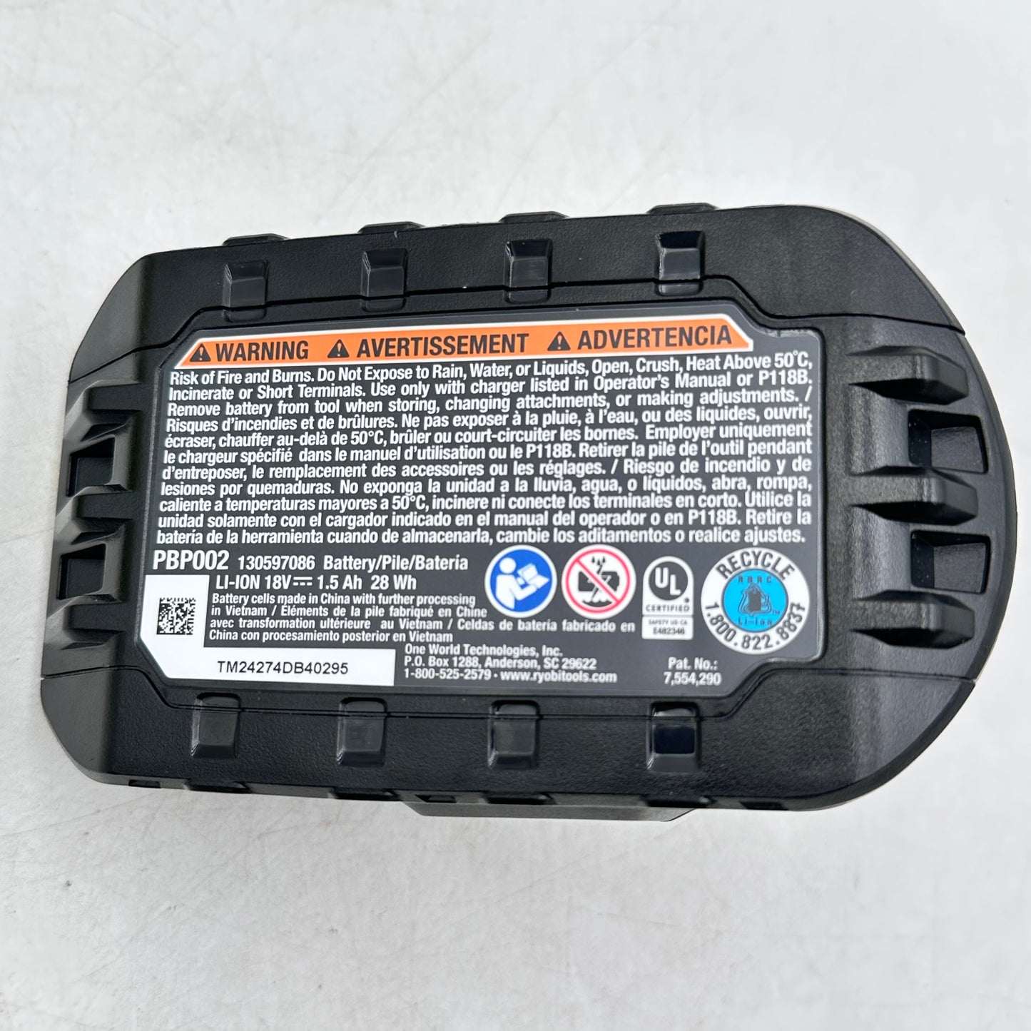 Ryobi One+ PC6002 120V Class 2 Battery Charger + PBP002 18V Li-Ion Battery