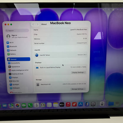 2026 Apple MacBook Neo 13" A18 Pro 5C GPU 4.0GHz 8GB RAM 512GB SSD A3404