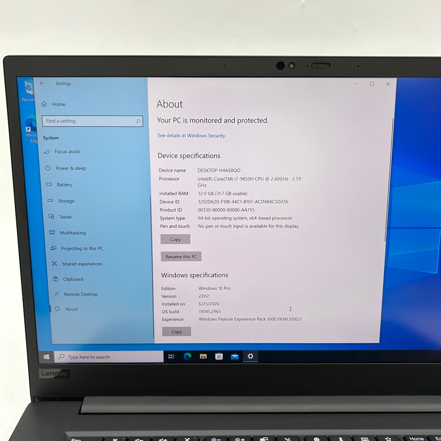 Lenovo ThinkPad P1 Gen 2 15.6" i7-9850H 2.6GHz 32GB RAM 1TB SSD Quadro T1000